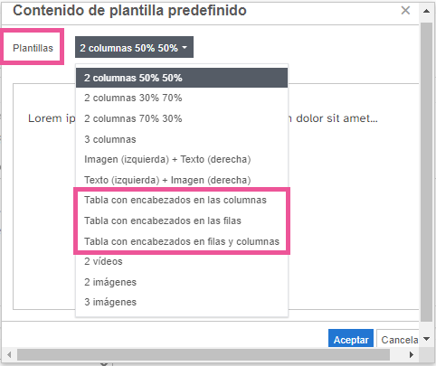 plantillas de tablas Imagen de tipos de plantillas de tablas de eXeLearning